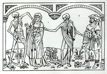 La mort prenant le prêtre et le paysan, de la Danse Macabre, publiée à Paris, 1485